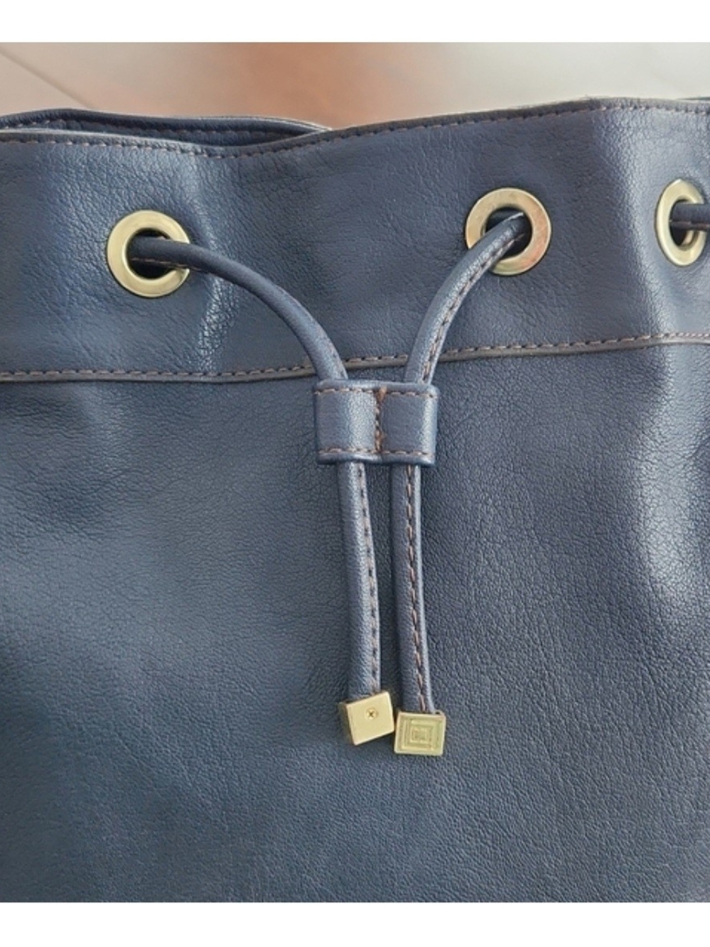 Navy Drawstring Bucket Tote with Gold Hardware
